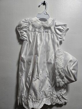 Vintage White satin baby christening gown and bonnet set